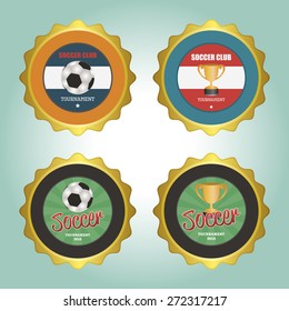 Set of labels with text and trophies or soccer balls. Vector illustration