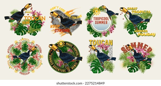 Juego de etiquetas con pájaro túcano, follaje tropical, orquídea, texto sobre fondo blanco. Tema de verano de vacaciones. Ilustración detallada de las impresiones, prendas de vestir, camisetas