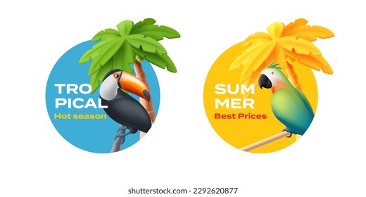 Set of labels with toucan and parrot bird, tropical palm tree in circle shape, 3d cartoon illustration, season tag element