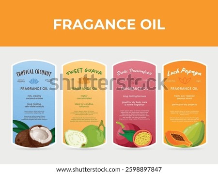 A set of labels for tropical essential oils listing their ingredients and unique qualities