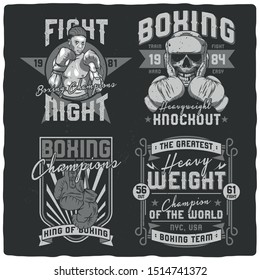 Set of labels for t-shirts. Boxing theme. Black and white. Illustrations with lettering.