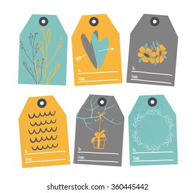 Set of labels for Valentine's Day. Decorated with branches, hearts, arrows, garland, gift, bow. Background white, colored tags.