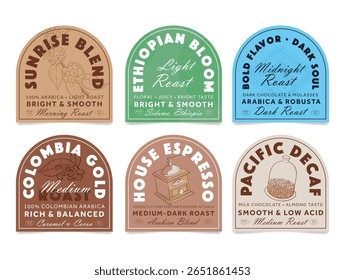 Um conjunto de etiquetas para várias misturas de café indicando diferentes níveis de torrefação, notas de sabor e origem geográfica.
