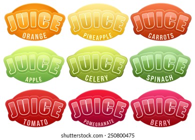 Set of Labels for various juice. Bright premium quality design. Editable Vector Illustration isolated on white background.