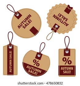 A set of labels of various shapes. Brown with green color.