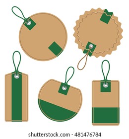 A set of labels of various shapes. Brown with green color.