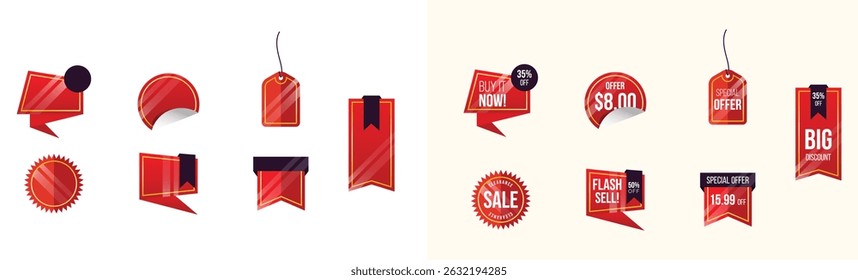 Set of labels in various shapes for promotional purposes. Set of sale badges, quality tags, and labels. Template banners for shopping promotions, including special offers, sales, discounts.