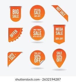 Set of labels in various shapes for promotional purposes. Set of sale badges, quality tags, and labels. Template banners for shopping promotions, including special offers, sales, discounts.