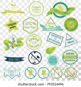 Set of labels for vegans, gluten free and diary free badges. Signs for natural organic food, that contains high fiber and protein. Eco friendly emblem collection isolated on transparent background.