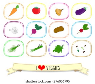 Set of labels with vegetables. Vector illustration. art 