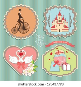 A set of labels with the wedding items for wedding invitations,design template.Vector illustration  in retro style
