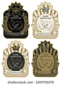 Set of labels with wheat ears, crown and handwritten inscriptions in figured frames. Vector labels for craft beer and brewery in retro style