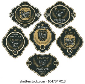 Set of labels with wheat ears, crowns, wooden barrels and handwritten inscriptions in figured frames. Vector labels for craft and draft beer and brewery on black background in retro style