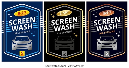 set of labels for windshield cleaners for all seasons. Concept of cleaning products, screen washing, polishing 