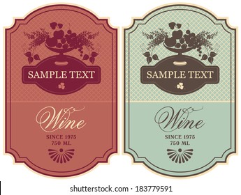 set of labels for wine with a bowl of fruit and lilac in retro style