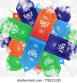 Set labels winter sale tag with special offer 25% off. Vector element for Merry Christmas and Happy New Year