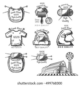 Set of labels wool sheep farm with yarn. Logo for knitted craft related site or business