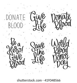 Set of labels for the World Blood Donor Day. Modern calligraphy.  Vector illustration on white background.