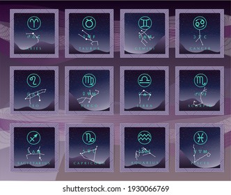 Set of labels with the zodiac signs with esoteric and sci-fi look