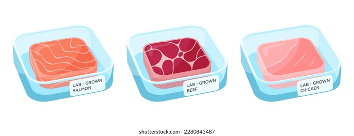 Set of lab-grown meat vector drawing. Cell cultured beef, salmon and chicken meat in a petri dishes isolated on white.