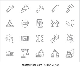 Conjunto de estilos de línea de iconos de la jornada laboral y de la construcción. Contiene íconos como equipo industrial, industria, herramientas, ingeniería, maquinaria, trabajo, trabajo, proyecto, trabajo y otros. 