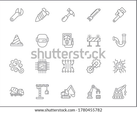 Set of labor day and construction icons line style. It contains such Icons as industrial equipment, industry, tools, engineering, machinery, working, work, project, job and other. 