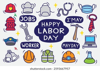 set of labor day doodle with color good for background, wallpaper, element design, icon, etc