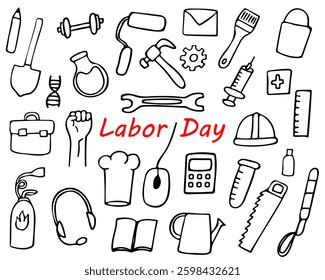 set of labor day doodle elements, hand drawn doodles