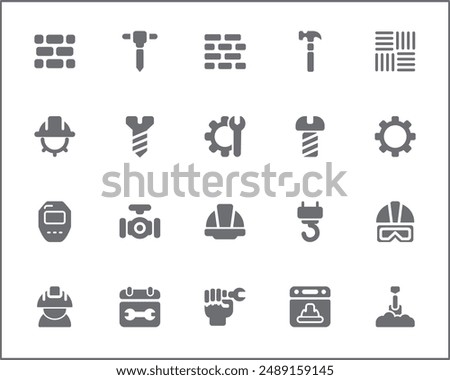Set of Labor Day and industry Icons line style. Contains such Icons as engineer, architect, service, job, worker, factory, builder, labour, employee, helmet And Other Elements.