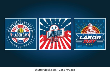 Set of Labor day poster with american flag for social media feed, promotion banner template, brochures, banner, vector illustration