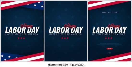 Set of Labor Day sale promotions, advertisings, posters, banners, templates with American flag. American labor day wallpapers. Voucher discount