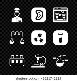 Set Laboratory assistant, Bacteria, Chemical online, Test tube and flask, Microscope,  and  icon. Vector