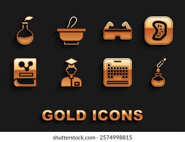 Set Laboratory assistant, Bacteria, Test tube and flask, Periodic table, Chemistry book, Safety goggle glasses, Plant breeding and Mortar pestle icon. Vector