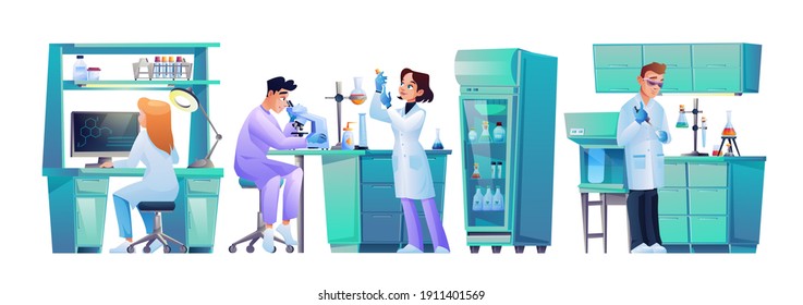 Set of laboratory assistants working at computer, conducting experiments with test tubes and microscope, scientific workers. Vector man and woman scientists research dna cells, creating covid vaccine svg