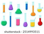 Set of laboratory beakers, test tubes and flasks. Science and medicine. Cartoon flat illustrations