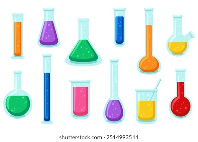 Juego de vasos de laboratorio, tubos de ensayo y matraces. Ciencia y medicina. Ilustraciones planas de dibujos animados