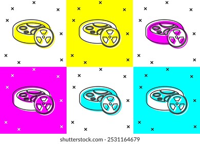 Set Laboratory chemical beaker with toxic liquid icon isolated on color background. Biohazard symbol. Dangerous symbol with radiation icon.  Vector