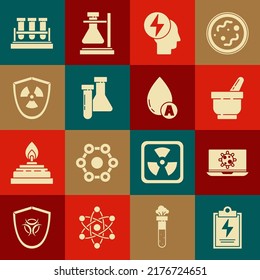 Set Laboratory clipboard with checklist, Bacteria on laptop, Mortar and pestle, Head electric symbol, Test tube flask chemical, Radioactive in shield,  and Water drop icon. Vector