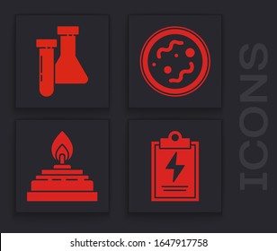 Set Laboratory clipboard with checklist, Test tube and flask chemical, Bacteria and Alcohol or spirit burner icon. Vector