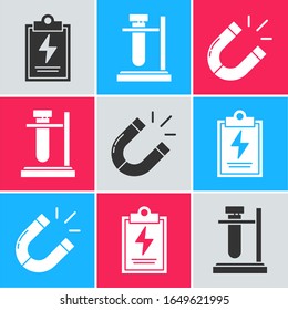 Set Laboratory clipboard with checklist, Test tube flask on stand and Magnet icon. Vector
