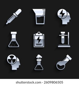 Set Laboratory clipboard with checklist, Test tube and flask chemical, on stand, Human head radiation, Head electric symbol and Pipette icon. Vector