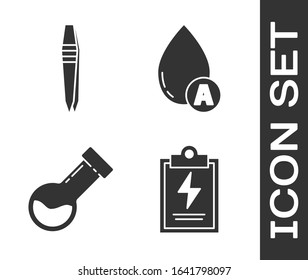 Set Laboratory clipboard with checklist, Tweezers, Test tube and flask chemical and Water drop icon. Vector