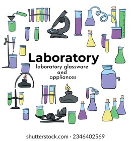 Set of laboratory elements in doodle style, laboratory glassware and devices for design vector illustration