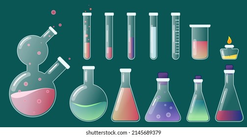 Set of laboratory elements: glass flasks, vials, test-tubes with substance and reagents. Flat illustration. Hand-drawn illustration for web design, for design of scientific book.