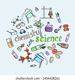 set of laboratory elements of the molecule atoms chemistry background wallpaper with pipettes flasks test tubes