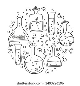 Set of laboratory equipment in black and white outlined doodle style.