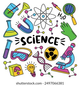 Set of laboratory equipment in black and white outlined doodle style. Hand drawn childish chemistry and science icons set. Elements, formulas, test-tube.