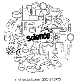 
Conjunto de equipo de laboratorio en blanco y negro delineado estilo doodle. Conjunto de iconos de ciencia y química infantil dibujado a mano. Elementos, fórmulas, probeta. Vector dibujado a mano Ciencia Doodle Elementos