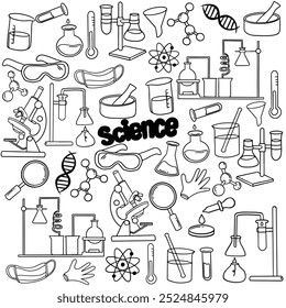 
Conjunto de equipo de laboratorio en blanco y negro delineado estilo doodle. Conjunto de iconos de ciencia y química infantil dibujado a mano. Elementos, fórmulas, probeta. Vector dibujado a mano Ciencia Doodle Elementos