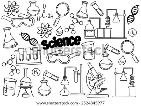 
Set of laboratory equipment in black and white outlined doodle style. Hand drawn childish chemistry and science icons set. Elements, formulas, test-tube. Vector hand drawn Science Doodle Elements